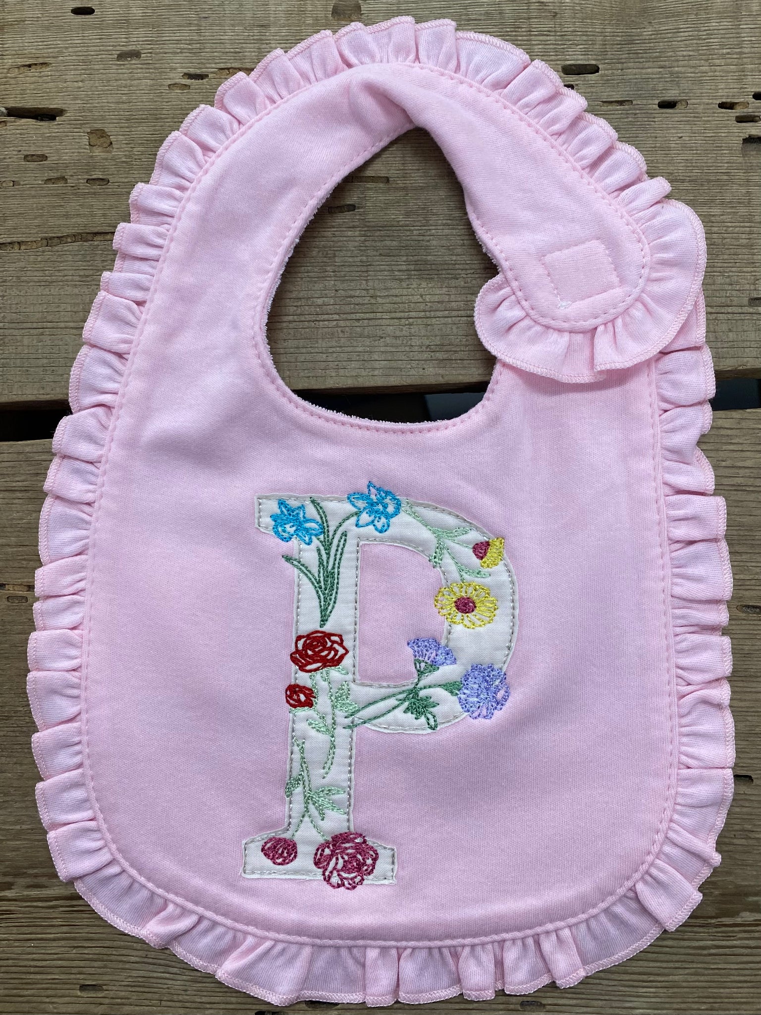 Floral Initial Ruffle Baby Bib