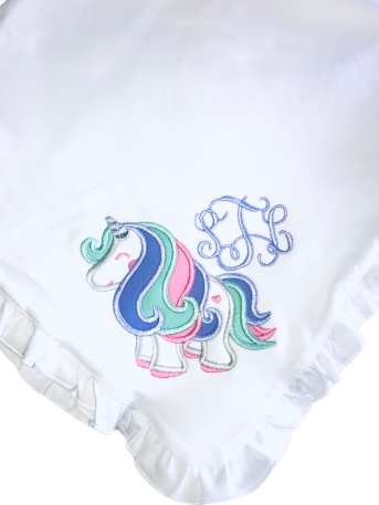 Monogram/Unicorn Ruffle Baby Blanket