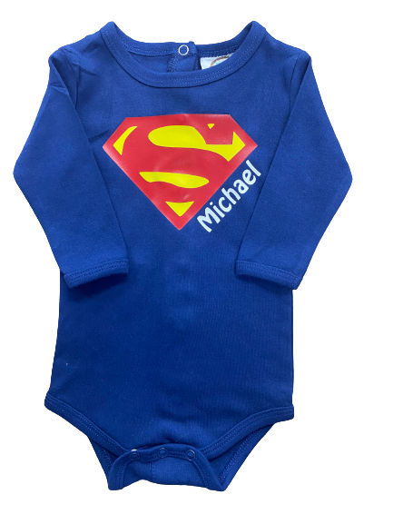 Superman/Name Long Sleeve Baby Onesie
